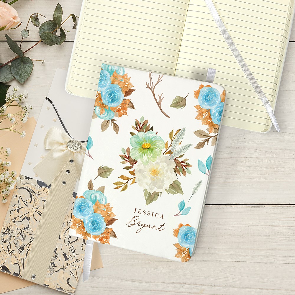 Personalized Blue Floral Small Leatherette Notebook