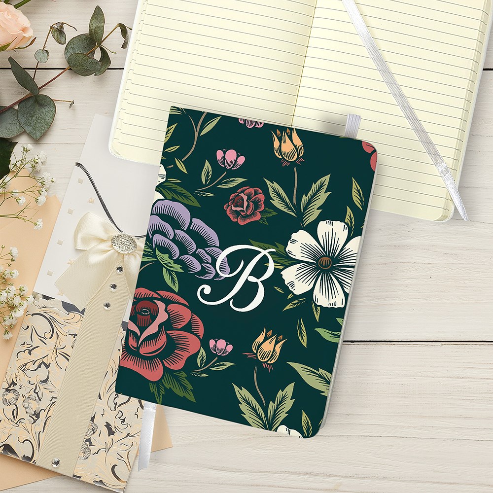 Personalized Dark Blue Floral Small Leatherette Notebook